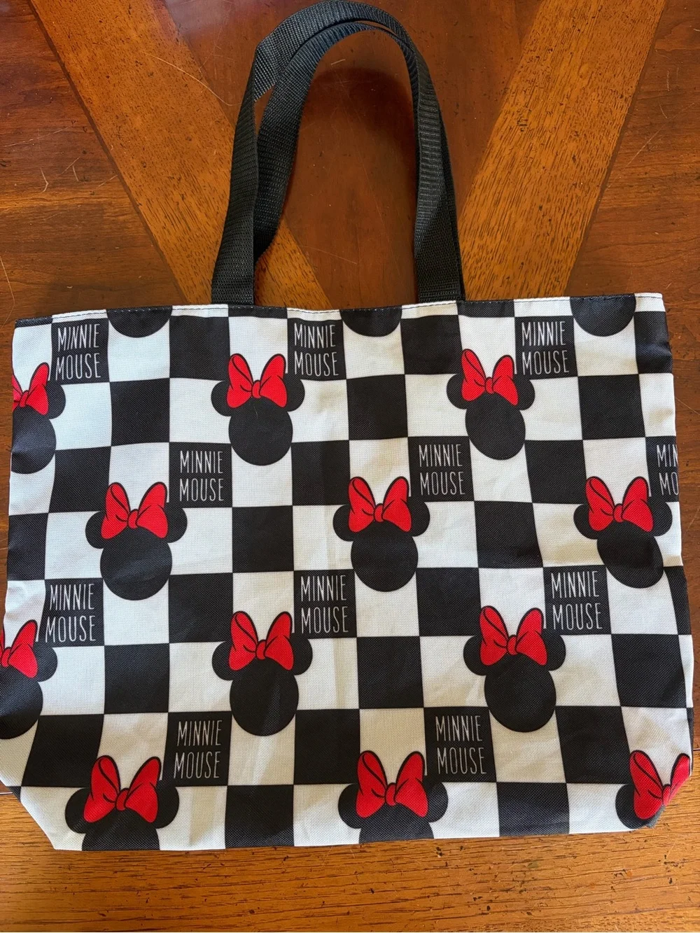 Disney Minnie Mouse Checkerboard Tote Bag All-Over Print Black White Red Bows